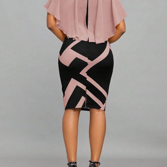 Womens Retro Bodycon Midi Dresses Sexy Mesh Lace Cape Sleeve V Neck Print Work C - Picture 2 of 6